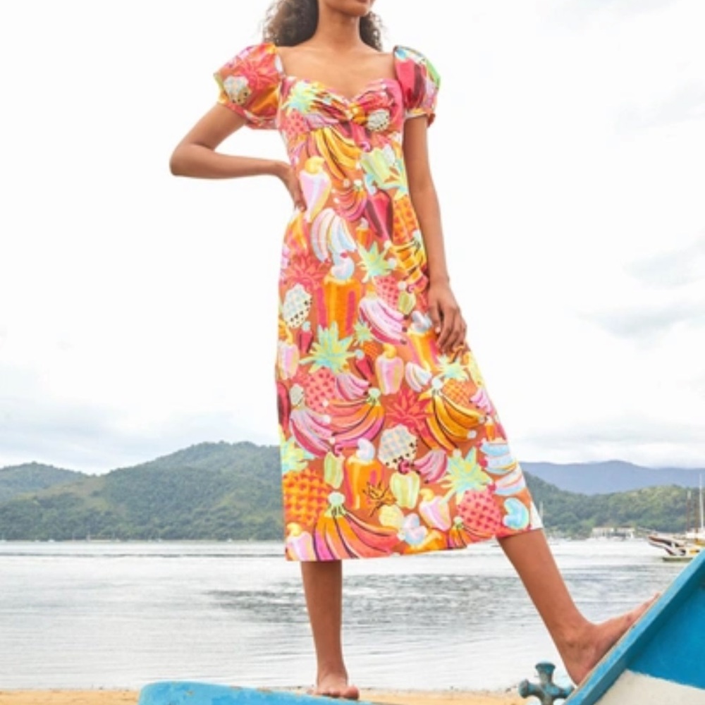 Farm Rio Tropical Print Puff Sleeve Fruit Salad Midi Dress Sweetheart Neckline